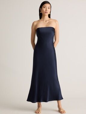 Brand New Quince 100% Washable Silk Strapless Midi Dress Navy Size Small